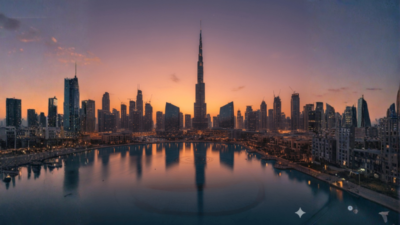 Dubai skyline with Burj Khalifa at dusk